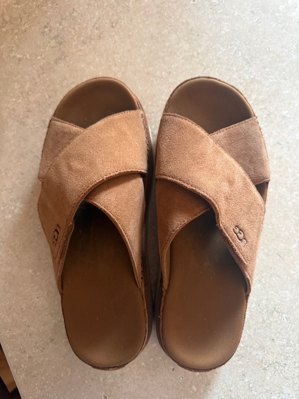 UGG Brown Suede Crisscross Slide Sandals